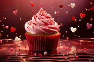 ai generiert Valentinstag Cupcake mit herzförmig Sträusel auf rot Hintergrund foto