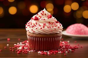 ai generiert Valentinstag Cupcake mit herzförmig Sträusel auf rot Hintergrund foto