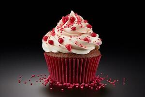 ai generiert Valentinstag Cupcake mit herzförmig Sträusel auf rot Hintergrund foto