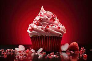 ai generiert Valentinstag Cupcake mit herzförmig Sträusel auf rot Hintergrund foto