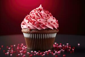 ai generiert Valentinstag Cupcake mit herzförmig Sträusel auf rot Hintergrund foto