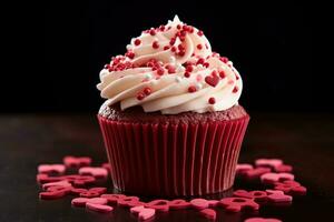 ai generiert Valentinstag Cupcake mit herzförmig Sträusel auf rot Hintergrund foto