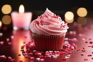 ai generiert Valentinstag Cupcake mit herzförmig Sträusel auf rot Hintergrund foto