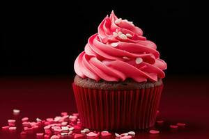 ai generiert Valentinstag Cupcake mit herzförmig Sträusel auf rot Hintergrund foto