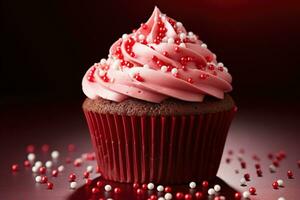 ai generiert Valentinstag Cupcake mit herzförmig Sträusel auf rot Hintergrund foto