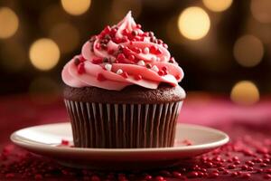 ai generiert Valentinstag Cupcake mit herzförmig Sträusel auf rot Hintergrund foto