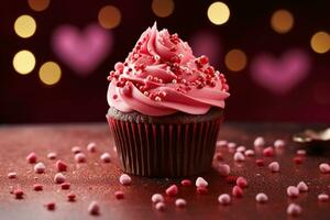 ai generiert Valentinstag Cupcake mit herzförmig Sträusel auf rot Hintergrund foto