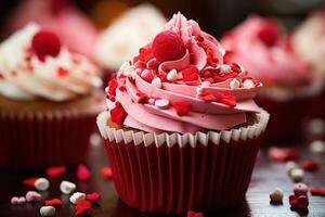 ai generiert Valentinstag Cupcake mit herzförmig Sträusel auf rot Hintergrund foto