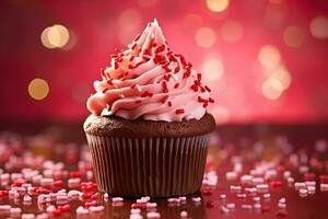 ai generiert Valentinstag Cupcake mit herzförmig Sträusel auf rot Hintergrund foto