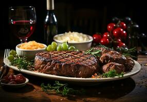 ai generiert elegant Detail von hölzern Tabelle mit Steak, Salat, Reis und ziemlich Brille von rot Wein. foto