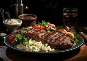 ai generiert elegant Detail von hölzern Tabelle mit Steak, Salat, Reis und ziemlich Brille von rot Wein. foto