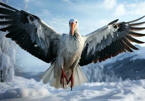 ai generiert Storch Landung auf das Schnee, im ein Winter Landschaft mit fallen Schnee foto