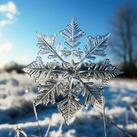 ai generiert Schneeflocke Landung auf das eisig Boden. Weihnachten Zeit foto