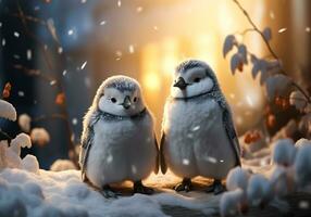 ai generiert Pinguine im das Schnee im Winter Landschaft mit fallen Schnee foto