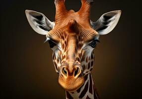 ai generiert realistisch Porträt von ein Giraffe auf dunkel Hintergrund. foto