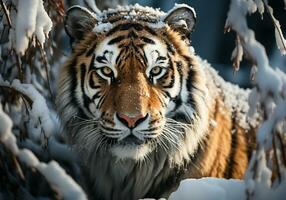 ai generiert enorm sibirisch Tiger im Winter Landschaft mit fallen Schnee foto