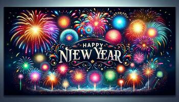 ai generiert glücklich Neu Jahr 2024 Banner mit bunt Feuerwerk explodiert im das Nacht Himmel. foto