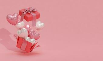 3d Rendern Rosa Hintergrund, öffnen Geschenk Box und fliegend Herz Luftballons, geeignet zum Valentinstag Tag, Hochzeiten, Geburtstage, usw. foto