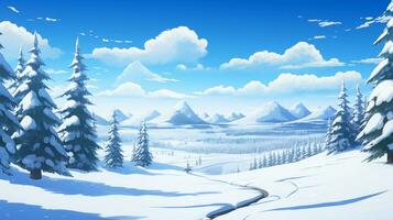 ai generiert Winter Dorf schneebedeckt Landschaft mit Kiefern Wald und Hügel auf Hintergrund. Comic Farbe Stil. foto