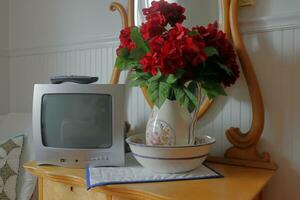 Bett und Frühstück Fernseher und Blumen auf Büro foto