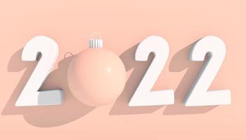 Frohes neues Jahr 2022. 3D-Zahlen mit geometrischen Formen und Weihnachtskugel. 3D-Rendering.
