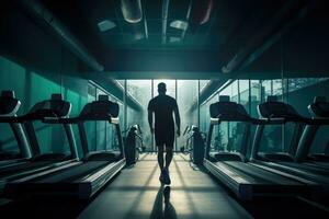 ai generiert Mann Laufen auf ein Laufband im ein modern Fitnessstudio. Rückseite Sicht, ein Mann Gehen auf ein Laufband beim das Fitness Fitnessstudio Verein, ai generiert foto