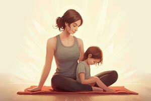 ai generiert Mutter und Tochter tun Yoga Übungen im ein Zimmer mit ein Licht Hintergrund, ein Mama üben Yoga im Balasana Pose mit ihr Kind, ai generiert foto