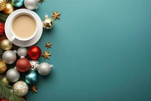 ai generiert Weihnachten Hintergrund mit Tasse und Dekorationen auf das Blau Tisch. foto