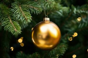 ai generiert golden Weihnachten Ball hängend auf das Weihnachten Baum mit Bokeh Hintergrund, schließen oben Aussicht von schön Tanne Geäst mit glänzend golden Flitter oder Ball, ai generiert foto