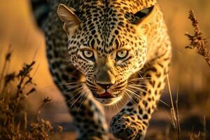 ai generiert Leopard im das Okavango Delta - - mehrmi National Park im Botswana, Nahansicht von ein Leopard Stalking Beute, ai generiert foto