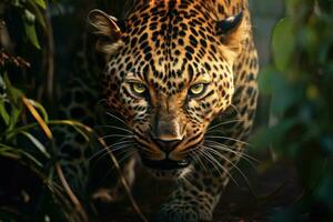 ai generiert Leopard Porträt im das Dschungel. Tierwelt Szene von Tropen, Nahansicht von ein Leopard Stalking Beute, ai generiert foto