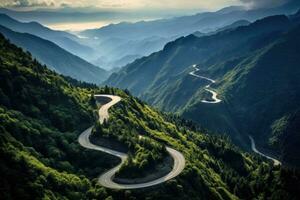 ai generiert Berg Straße im das Berge, Nahansicht von Foto, China, ein Vogelaugen Aussicht von ein Wicklung Asphalt Straße durch Kiefer baumbedeckt Berge, ai generiert foto