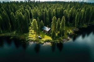 ai generiert Antenne Aussicht von ein klein hölzern Haus auf das Ufer von ein See, Antenne Aussicht von ein hölzern Hütte im ein Grün Kiefer Wald durch das Blau See im ländlich Sommer- Finnland, ai generiert foto