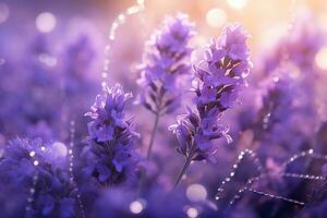 ai generiert Lavendel Blume Blühen Felder im endlos Reihen. Sonnenuntergang Schuss. foto