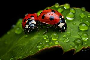 ai generiert Marienkäfer Gehen auf ein Grün Blatt foto