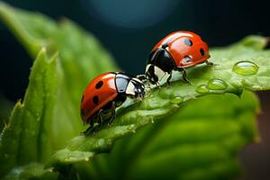 ai generiert Marienkäfer Gehen auf ein Grün Blatt foto