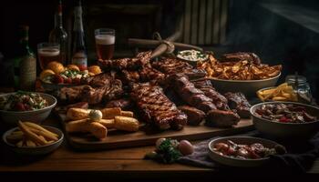 ai generiert ein Gourmet Mexikaner Mahlzeit mit gegrillt Fleisch, frisch Gemüse, und Soße generiert durch ai foto