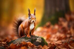 ai generiert rot Eichhörnchen Sitzung im das Herbst Wald, Sciurus vulgaris foto