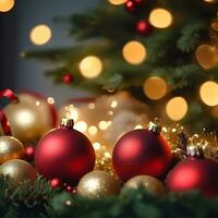 ai generiert Weihnachten Geschenke auf das Fußboden in der Nähe von ein Weihnachten Baum foto