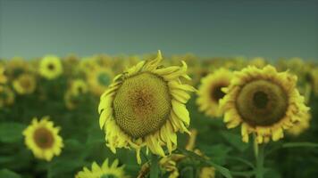 Feld mit gelben Sonnenblumen bei Sonnenuntergang im Sommer. foto