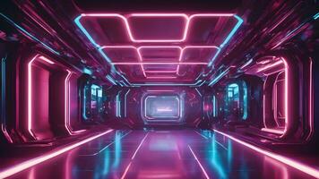 ai generiert erstellen ein futuristisch abstrakt Hintergrund mit holographisch Elemente und Neon- Beleuchtung. Experiment mit Farbverläufe und Reflexionen zu leisten ein Hightech und Sci-Fi ästhetisch foto