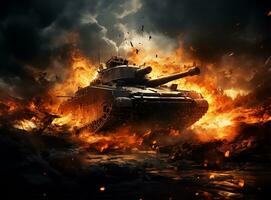 ai generiert ein gepanzert Panzer Brennen auf ein Schlachtfeld während ein Krieg foto