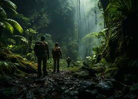 ai generiert Ökotouristen erkunden ein üppig Regenwald foto