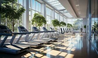 ai generiert Innere von ein modern Fitness Center oder Fitnessstudio Verein foto