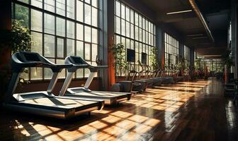 ai generiert Innere von ein modern Fitness Center oder Fitnessstudio Verein foto