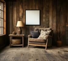 ai generiert Bauernhaus Zuhause Innere Design mit ein rustikal Stuhl foto