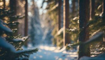 ai generiert Wald schön natürlich Landschaft mit Kiefer Bäume und wild Blumen selektiv Fokus foto