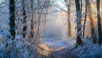 ai generiert Winter Wald im das Schnee foto