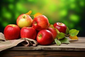 ai generiert Herbst Kopfgeld frisch Äpfel auf hölzern Tabelle und Baum Geäst foto