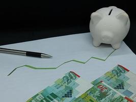 israelische Banknoten, Stift und Sparschwein im Hintergrund mit steigender grüner Trendlinie
